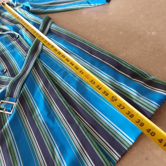 I N C Striped Trench Coat Womens Sz Small Blue Black Belted Buttons - Picture 8 of 12